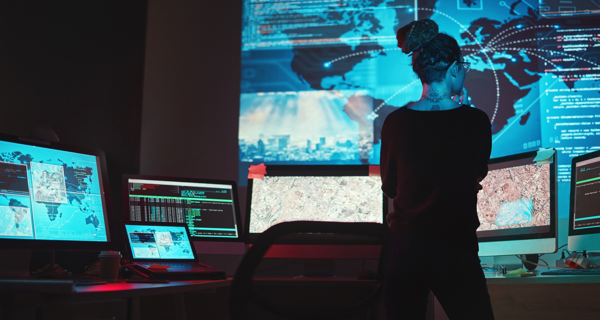 Cybersecurity, woman and map of global network for phishing, ransomware and cyber terrorism search.